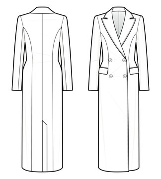 Classic Double-Breasted coat fashion flat technical drawing template. Double-Breasted coat vector template illustration. front and back view. white colour. CAD mockup.