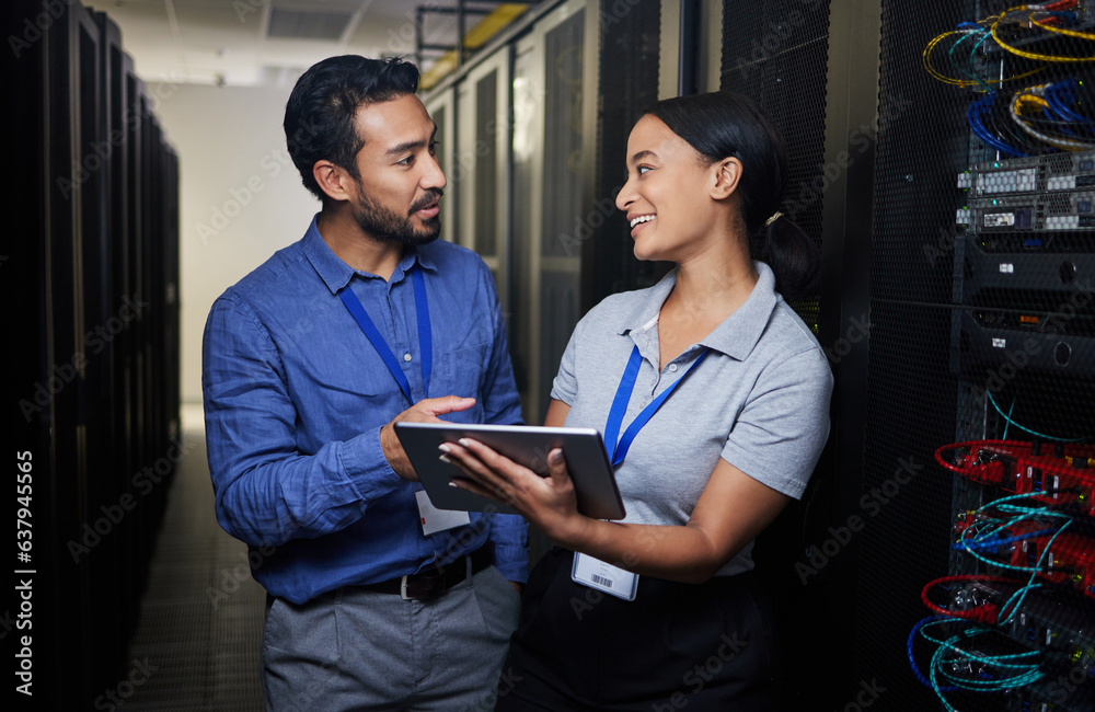 Aufkleber Server room, technology and people, teamwork and cybersecurity, management or coding solution on tablet. Engineering man and woman or manager on digital software, hardware training and programming