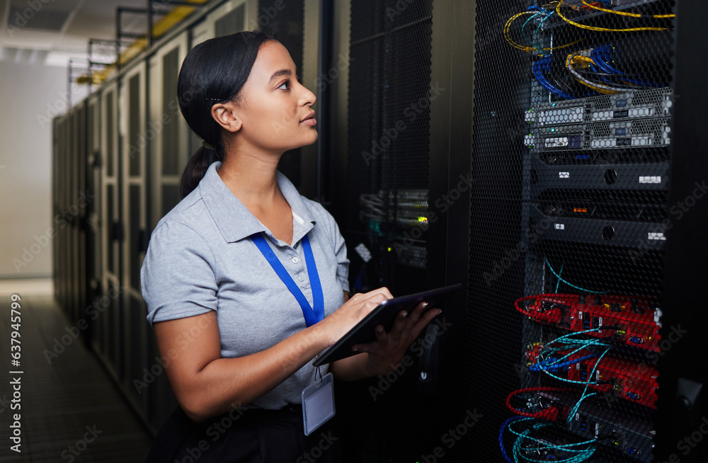 Poster Woman, engineering tablet and server room, data center inspection or system solution for cybersecurity coding. IT person on digital technology, cables check and business power or programming hardware
