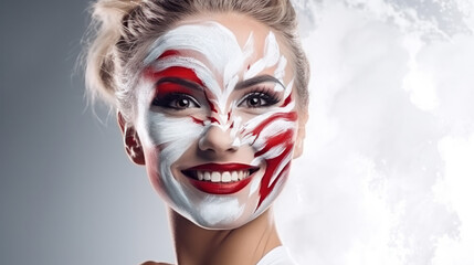 Face of young happy woman painted with flag of Poland or Austria. Football or soccer team fan,...