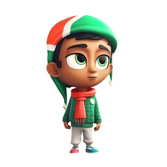 3D Render of a Little Boy with Green Hat and Red Scarf