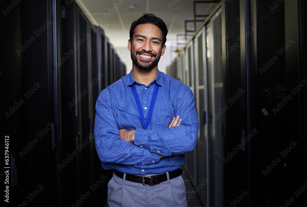 Leinwandbilder Server room, portrait or happy man for online cybersecurity glitch, machine or servers system. IT support, smile or proud engineer fixing network for information technology solution in data center