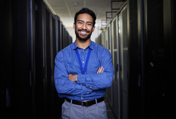 Server room, portrait or happy man for online cybersecurity glitch, machine or servers system. IT...