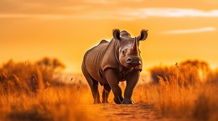 Animal wildlife photography rhino with natural background in the sunset view, AI generated image