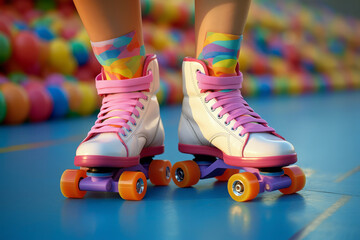 Fototapeta na wymiar Close-up of a woman's legs playing sports on pink and colorful roller skates. recreation concept for holidays and vacations.