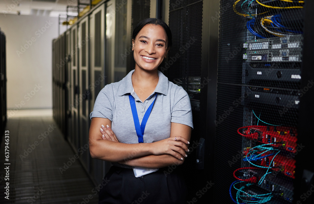 Poster Server room, portrait or happy woman technician for online cybersecurity update or machine system. IT support data center, smile or proud engineer fixing network for information technology solution