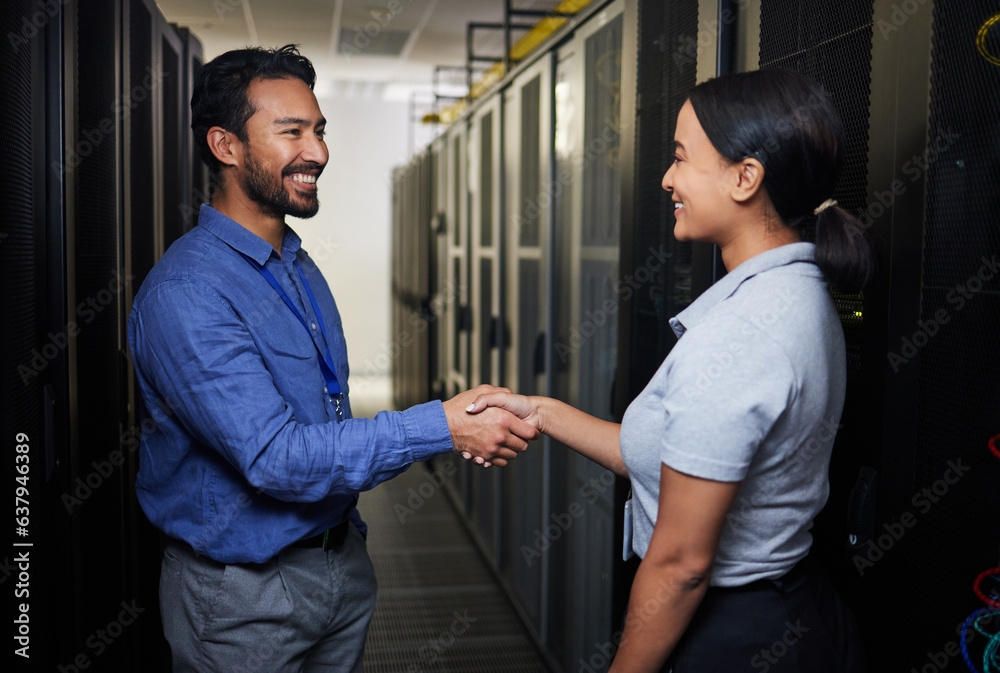 Leinwandbilder Handshake, partnership or happy people in server room of data center for network help with IT support. B2b deal agreement, teamwork or engineers shaking hands together in collaboration for solution