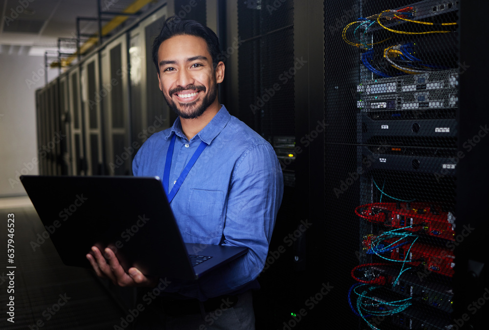 Poster Man, data center and computer in programming portrait, server room coding and programming or cybersecurity. Business person on laptop and engineering network, gdpr software and backup or maintenance
