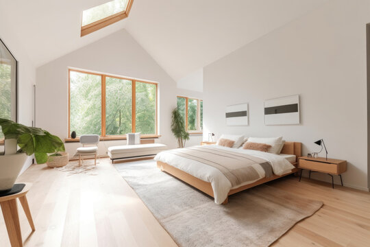 The interior of a large modern bright bedroom with a high ceiling
