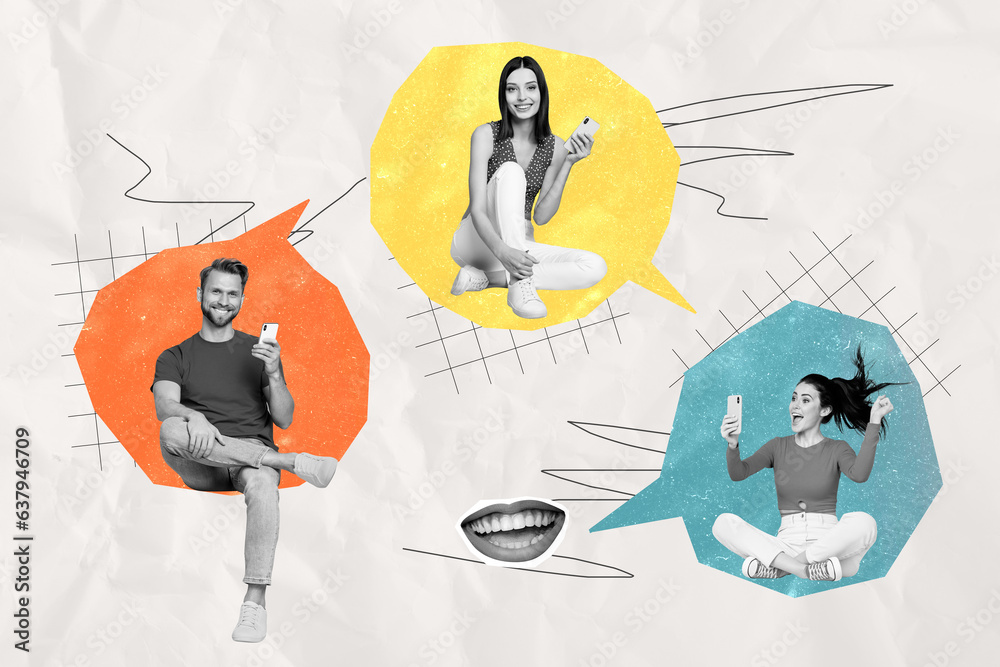 Poster artwork collage image of black white effect mini people inside dialogue bubble chatting use smart ph