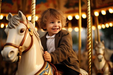 The kid is sitting on a carousel in an amusement park - obrazy, fototapety, plakaty