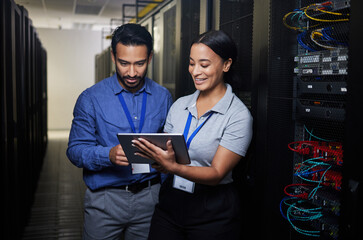People, manager and tablet for server room, cybersecurity, engineering, programming or coding solution. Business man and woman in data center, digital technology and hardware or software teamwork