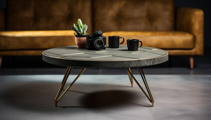 Round wooden coffee table podium, black steel leg, sage green suede leather sofa in sunlight on concrete wall, background 3D. generative AI