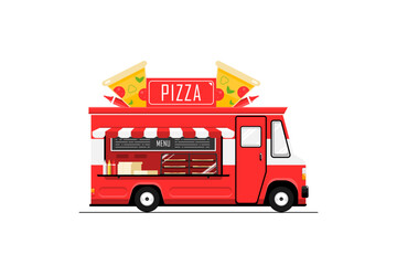 Side view of pizza truck on isolated background, Vector illustration.