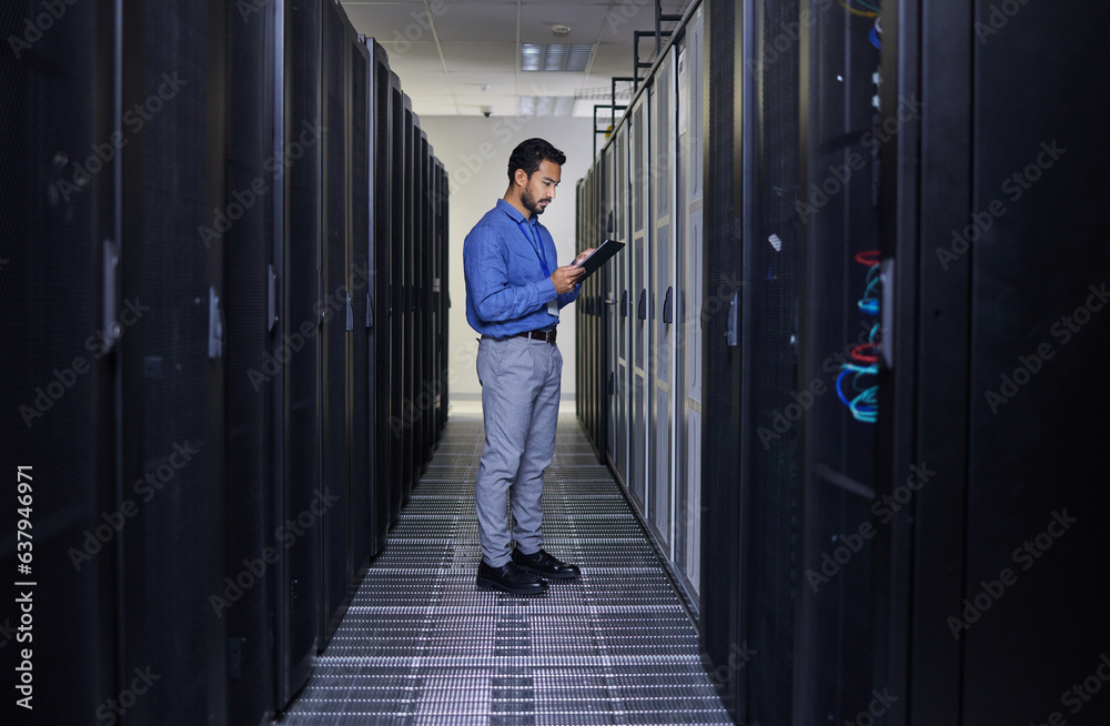Aufkleber Tablet, man and engineer in server room, research and programming. Information technology, reading and technician in data center, network on cybersecurity and coding software of system admin typing