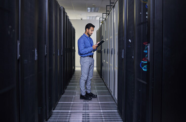Tablet, man and engineer in server room, research and programming. Information technology, reading and technician in data center, network on cybersecurity and coding software of system admin typing