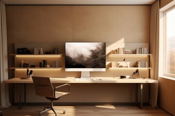 Modern interior of the room with a desk and monitor in Scandinavian style