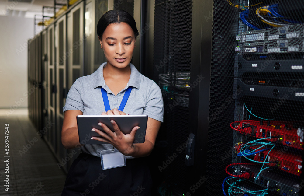 Aufkleber Woman, tablet and server room in inspection, programming and coding with system solution and cybersecurity. Engineering person on digital tech, hardware maintenance or business network in data center