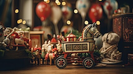 A nostalgic display of vintage baubles, old-fashioned toys, and a wooden rocking horse, evoking memories of holidays past - Generative ai - obrazy, fototapety, plakaty