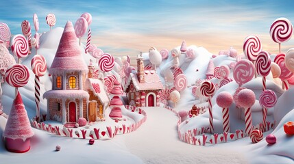 A whimsical scene with gingerbread houses, gumdrops, and lollipops, invoking the magic of a sugary wonderland - Generative ai