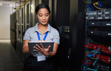 Woman, tablet and server room in inspection, programming and coding with system solution and...