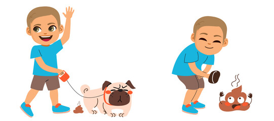 Vector illustration of boy walking with dog while defecating and then cleaning feces. Concept of keeping clean your city. Taking care of your pet