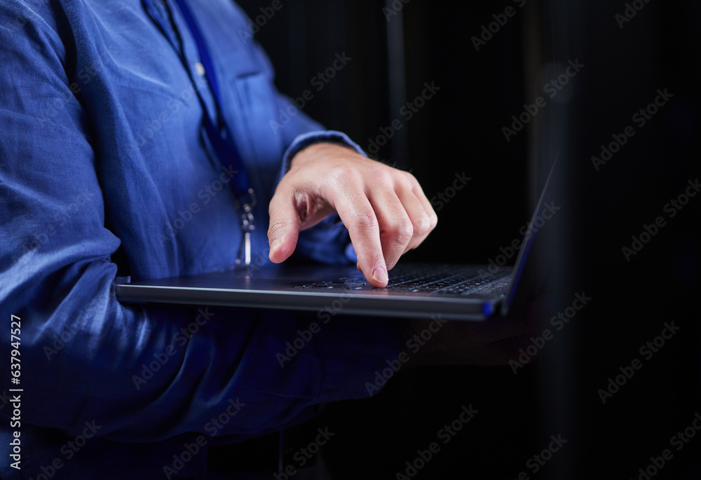 Poster Hands, laptop and typing on keyboard for programming to work on project at night. Information technology, computer and person coding, networking and software developer of system admin on internet