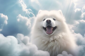 cute Samoyed dogs on cloud background, close-up