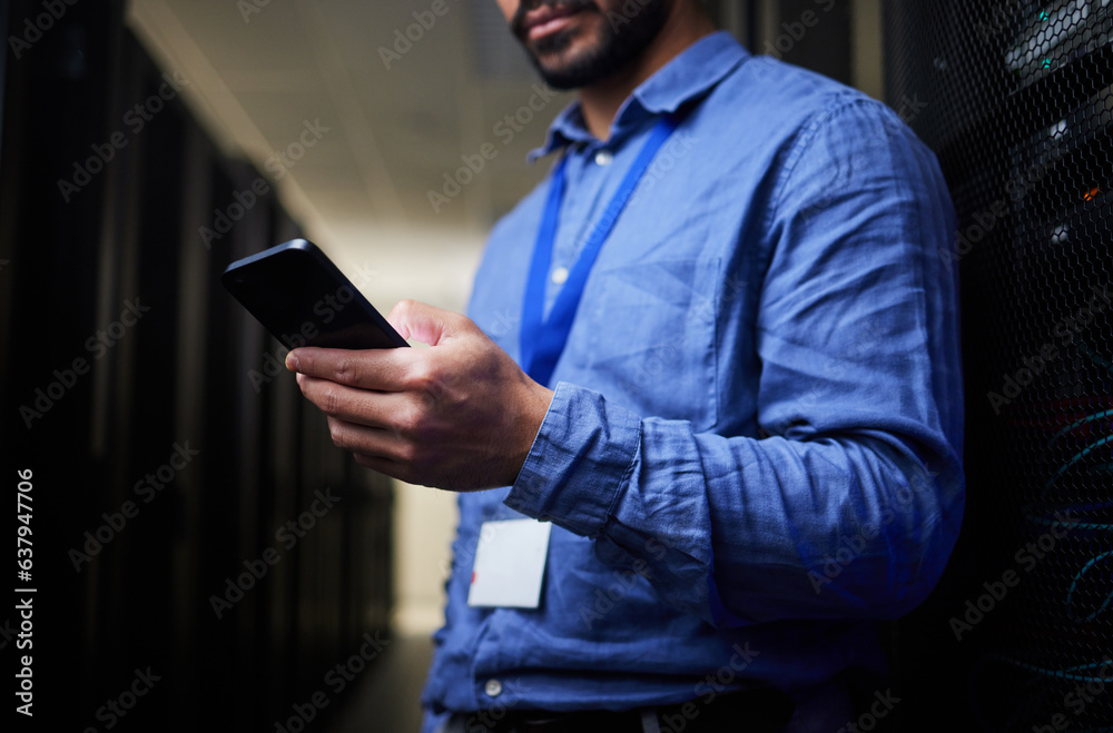Fototapete Server room, phone or man on social media to search online for cybersecurity glitch, machine or servers system. IT support, data center or engineer fixing network for information technology solution