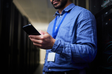 Server room, phone or man on social media to search online for cybersecurity glitch, machine or servers system. IT support, data center or engineer fixing network for information technology solution