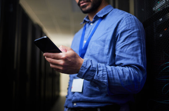 Server room, phone or man on social media to search online for cybersecurity glitch, machine or servers system. IT support, data center or engineer fixing network for information technology solution