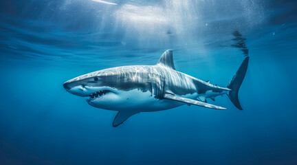 Photo of a Great Shark swimming in blue water, side view