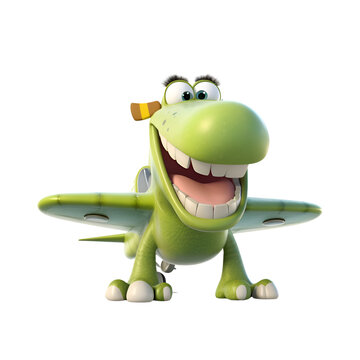 Cartoon dinosaur with a plane on a white background. 3d illustration