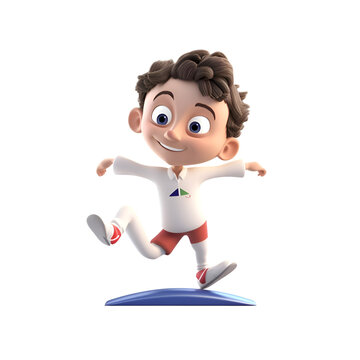 3D illustration of a cartoon character,running on a surfboard