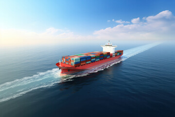 Aerial view: Cargo ship with containers at sea. Global logistics, import-export via vessel. Commercial trade..