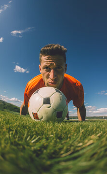 A soccer player trains by doing push ups on the grass of the soccer field