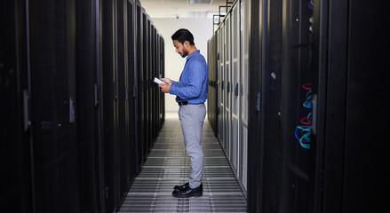 Tablet, man and technician in data center on research for programming at night. Information...