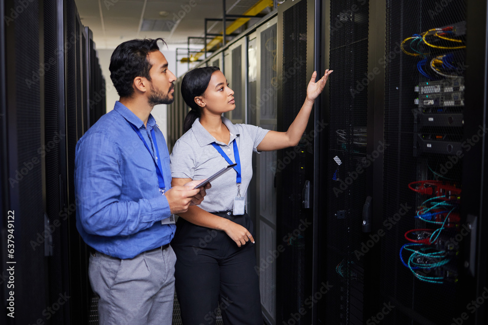 Poster people, data center and engineering teamwork, inspection and cybersecurity, power or backup solution