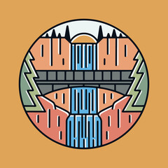 Multnomah Falls Waterfall Oregon mono line vector illustration design for t shirt badge sticker etc