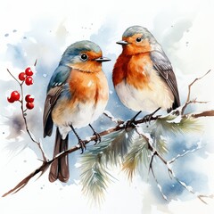 A picturesque scene of birds perched on snowy branches, surrounded by the enchanting ambiance of Christmas, where nature's beauty harmonizes with the holiday spirit. Generative Ai.