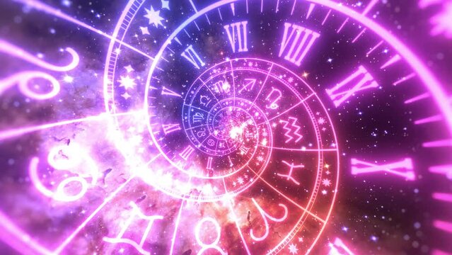 Zodiac spiral and signs of the zodiac in space. Astrology, horoscopes and prediction of the future concept. Animation in yellow color. Seamless loop. Elements of this footage furnished by NASA.