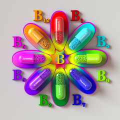 Medical background, concept, B group vitamin capsules are located on the petals of a flower, 3d rendering