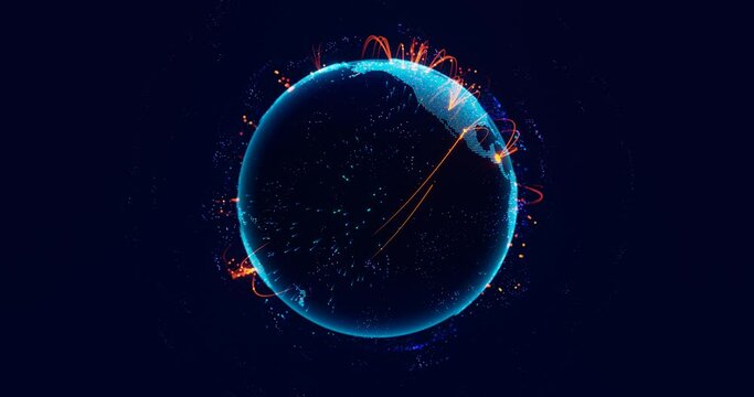 Digital earth globe rotating with digital network lines. Concept of futuristic global network connection and data communication, Transmit and transfer data. Seamless loop 3D animation.