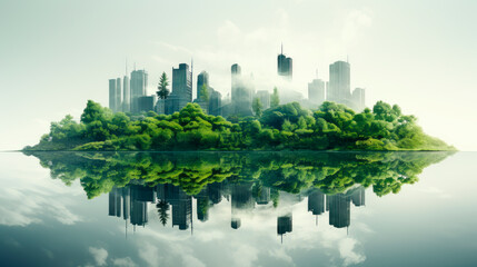 Island with a modern city with a skyscrapers and green forest lush