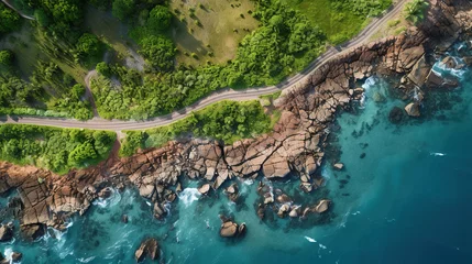 Afwasbaar Fotobehang Blauwgroen Generative AI, Aerial view of curved asphalt road near the ocean or sea, coastline