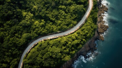 Generative AI, Aerial view of curved asphalt road near the ocean or sea, coastline