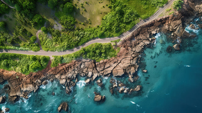Generative AI, Aerial view of curved asphalt road near the ocean or sea, coastline