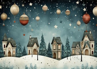 Naklejka premium A captivating winter scene featuring charming houses adorned with twinkling lights, surrounded by a festive atmosphere that evokes the enchantment of the holiday season. Generative Ai.
