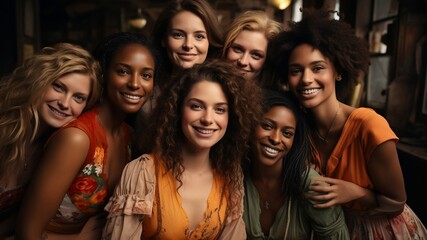 Group of happy multiracial women hugging at meeting