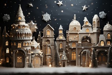 Fototapeta premium A captivating winter scene featuring charming houses adorned with twinkling lights, surrounded by a festive atmosphere that evokes the enchantment of the holiday season. Generative Ai.